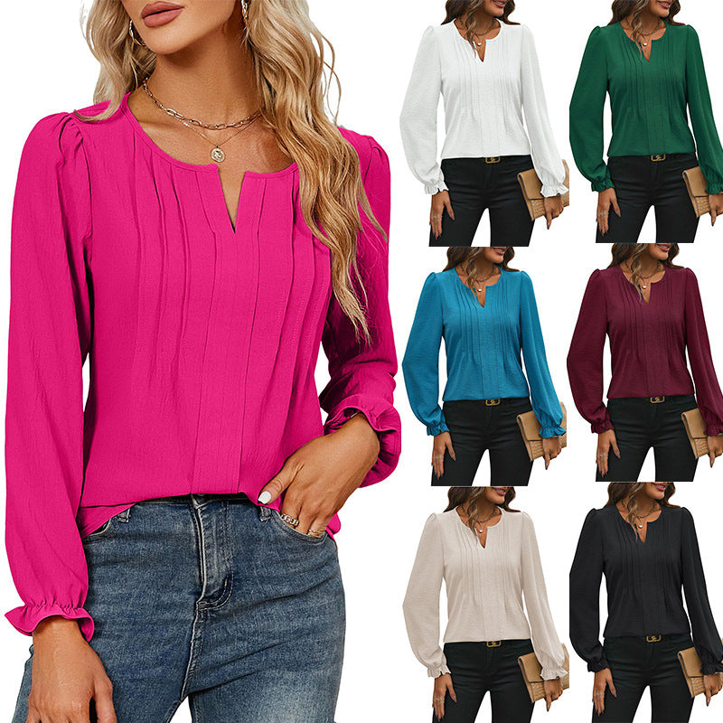 Camisa informal de gasa con cuello en V y manga larga para mujer