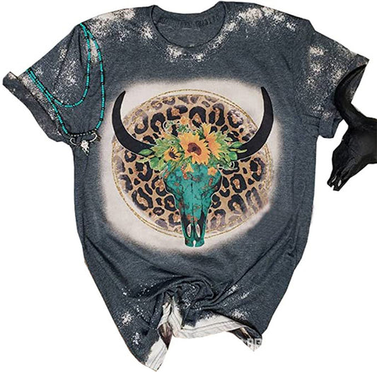 Camiseta informal de verano para mujer con estampado de cabeza de vaca, estilo retro occidental, cuello redondo y manga corta