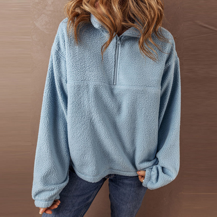 Autumn Winter Women Fashion Casual Plush Stand Collar Half Zipper Long Sleeve Sweatshirt