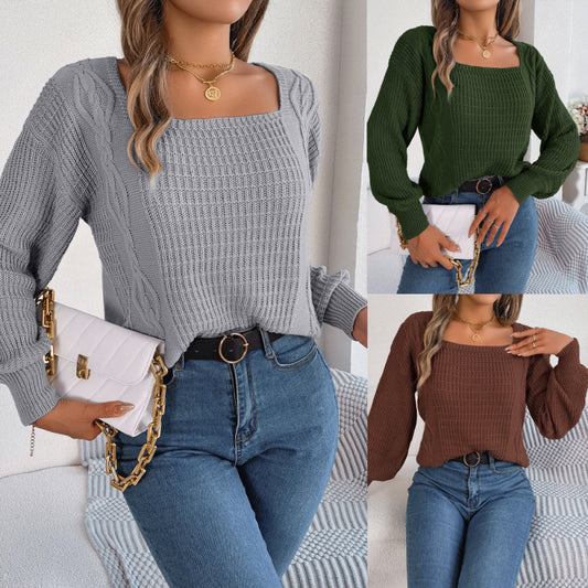 Autumn Winter Women Fashion Casual Solid Color Square Collar Twist Lantern Sleeve Knitted Sweater