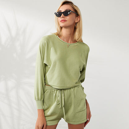 Women Casual Solid Color Knitted Long-Sleeve Sweater Drawstring Shorts Two-Piece Set