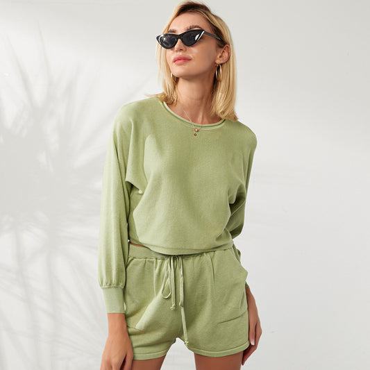 Women Casual Solid Color Knitted Long-Sleeve Sweater Drawstring Shorts Two-Piece Set