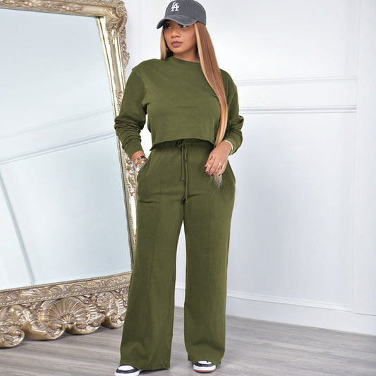 Conjunto deportivo de dos piezas para mujer, sudadera corta gruesa de invierno, pantalones casuales