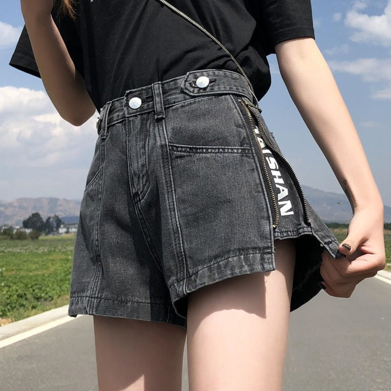 Women Fashion Casual Letter Printing Zipper Denim Shorts