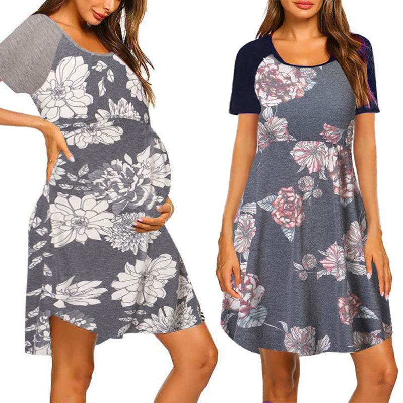 Summer Women Casual Floral Print Round Neck Short Sleeve Maternity Dress