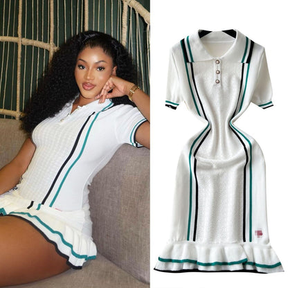 Women Fashion Casual Contrast Color Lapel Short-Sleeve Ruffled Knitted Dress