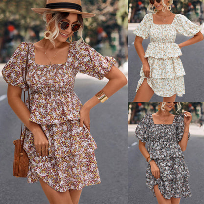 Women's Casual Floral Print Square Neck Off-shoulder Ruffled Dress