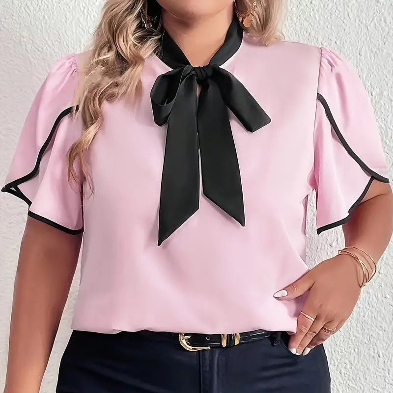 Women Fashion Casual Plus Size Color Matching Lace-Up Bowknot Short-Sleeve Blouse