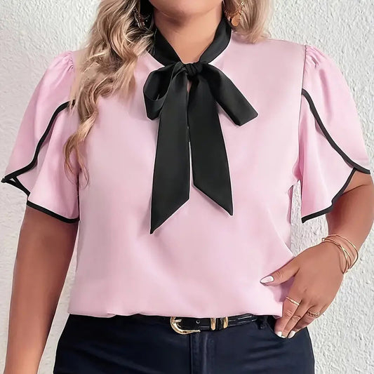 Blusa informal de manga corta con lazo y cordones a juego para mujer, talla grande