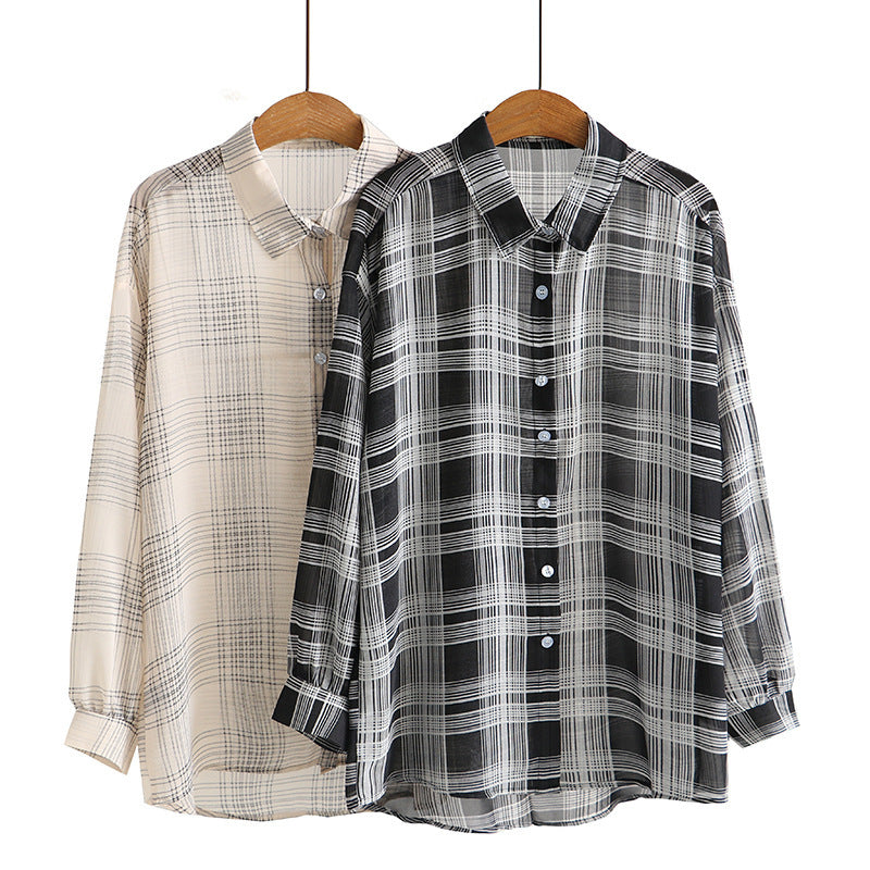 Camisa de gasa de manga larga a cuadros informal de moda de verano para mujer, talla grande