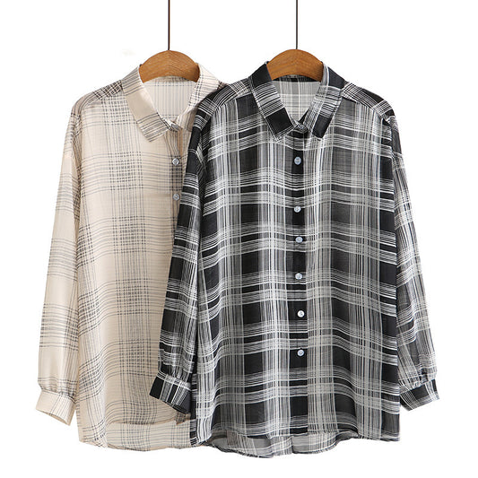 Camisa de gasa de manga larga a cuadros informal de moda de verano para mujer, talla grande