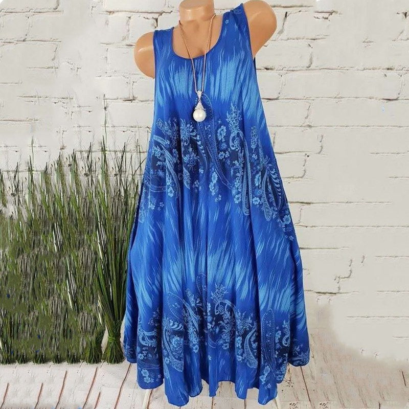 Women Summer Vintage Plus Size Casual Sleeveless Loose A-line Dresses
