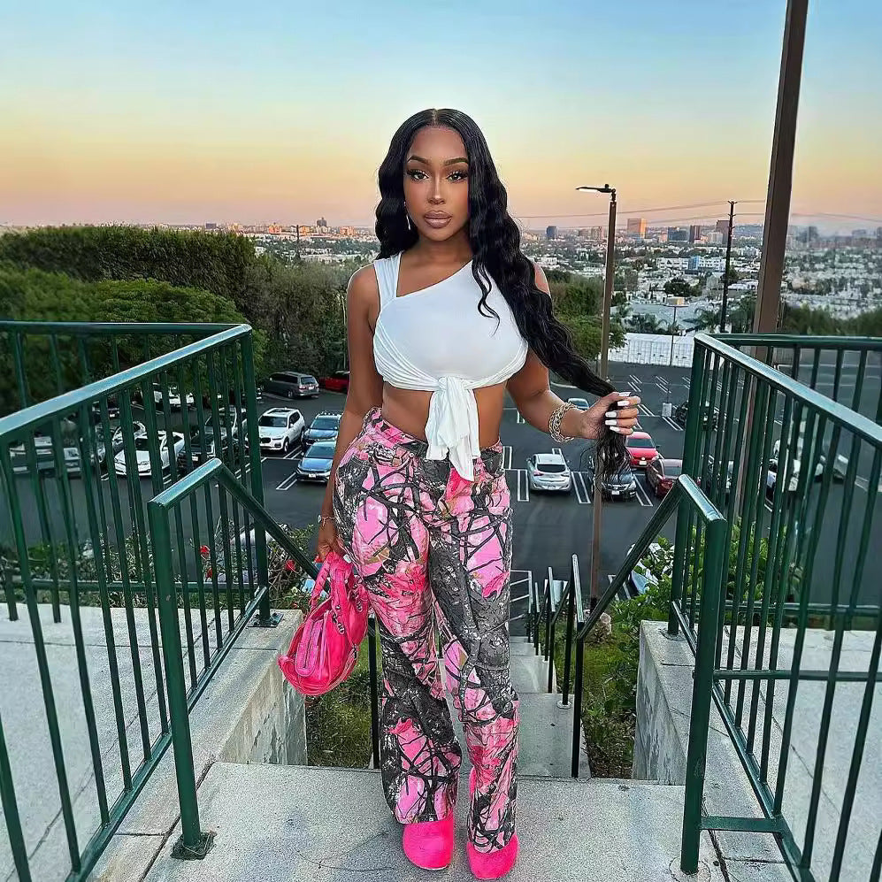 Women Fashion Casual Pink Camouflage High Waist Slim-Fit Pants