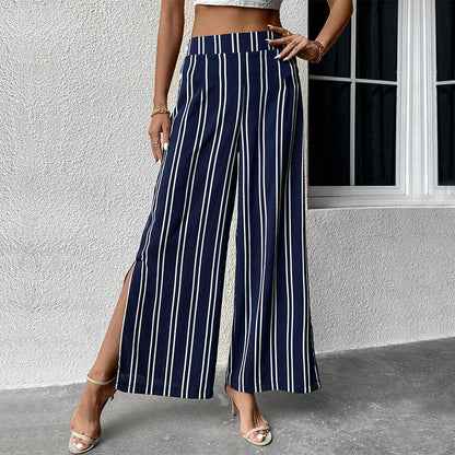 Summer Women Casual Simple Stripe High Waist Slit Wide Leg Pants