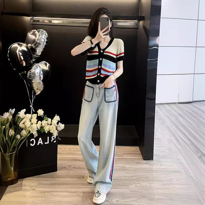 Conjunto de dos piezas de jeans rectos holgados con parte superior de punto de color contrastante informal para mujer