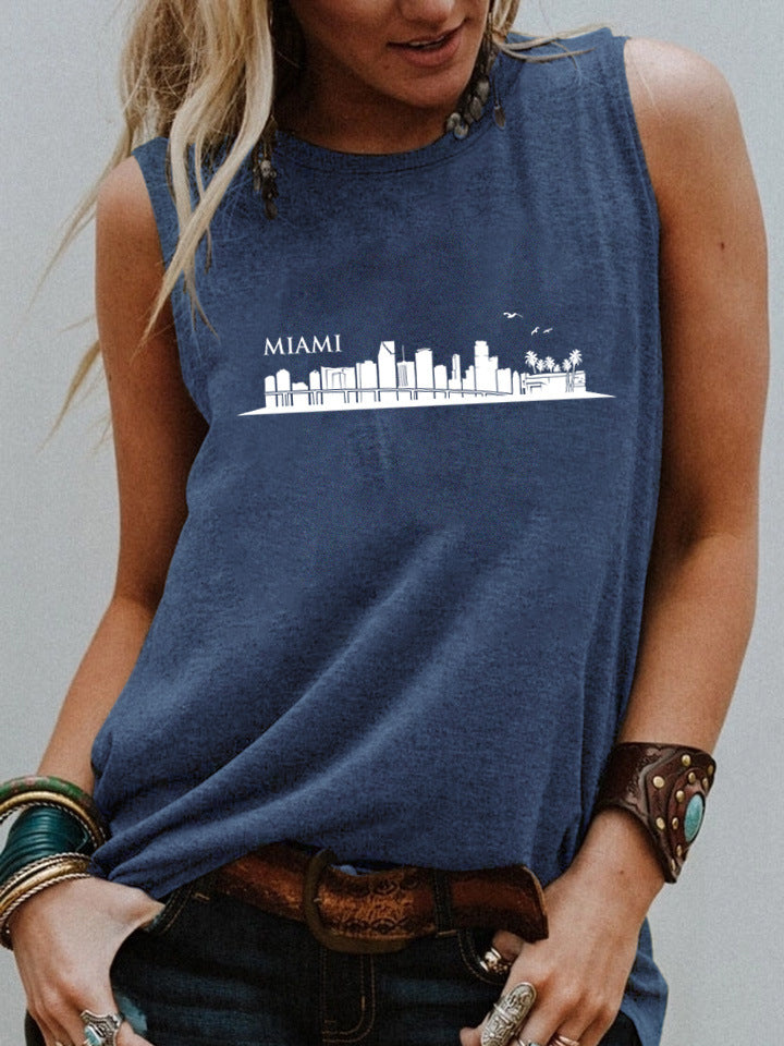 Women Fashion Casual High-Rise Printed Round Neck Sleeveless Tank Top