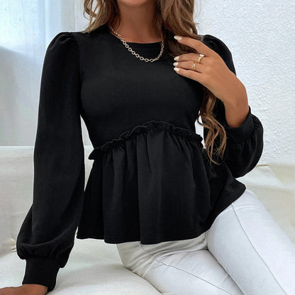 Blusa informal holgada con mangas largas abullonadas y volantes para mujer