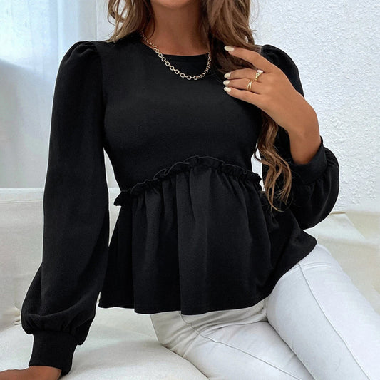 Blusa informal holgada con mangas largas abullonadas y volantes para mujer