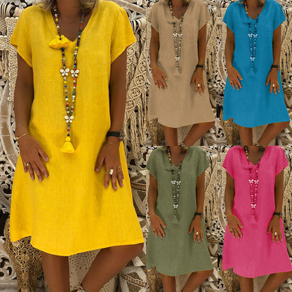 Clearance Sale Women Casual Solid Color Short Sleeve V Neck Dress