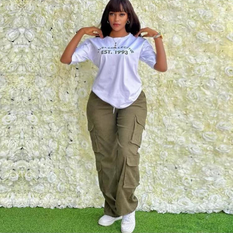 Women Fashion Casual Simple Letter Printed T-Shirt Loose Multi-Bag Pants Two-Piece Set