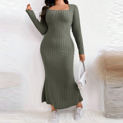Women Fashion Casual Plus Size Square Collar Rib Knitted Long Sleeve Fishtail Dress