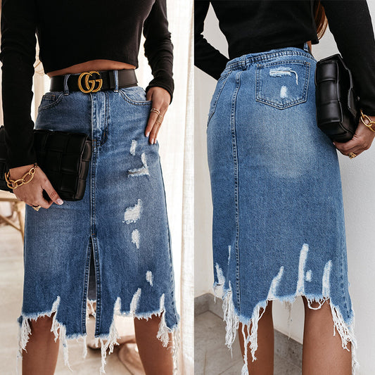 Denim Skirt 2023 Summer Casual Temperament Washed Irregular Hole Fringed Skirt
