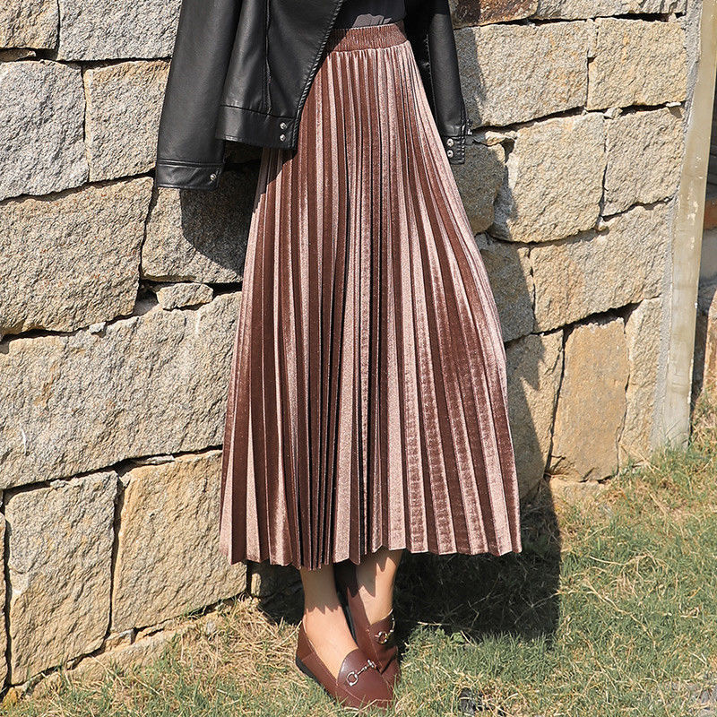 Women Solid Color Pleated High Waist Casual Long Skirt