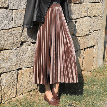 Women Solid Color Pleated High Waist Casual Long Skirt