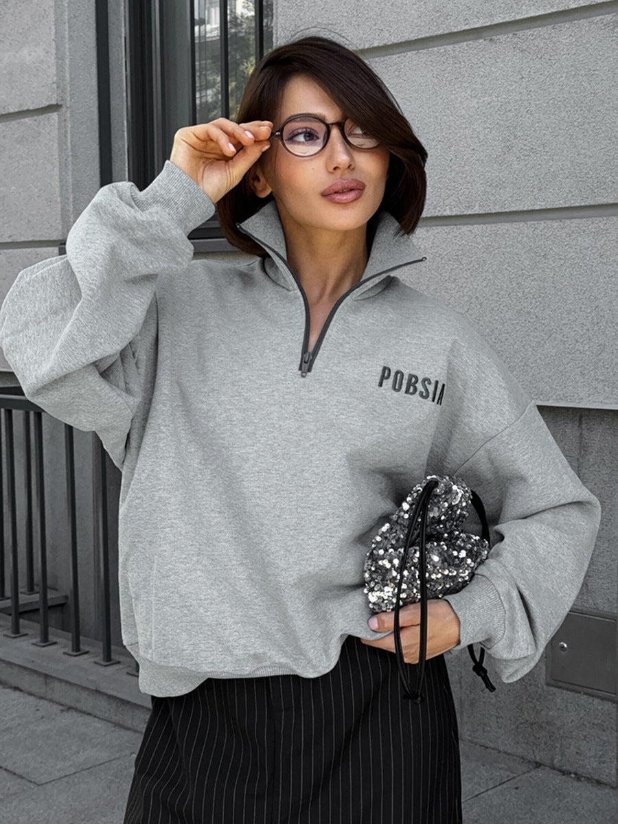 Sudadera informal con cremallera y solapa estampada con letras para mujer