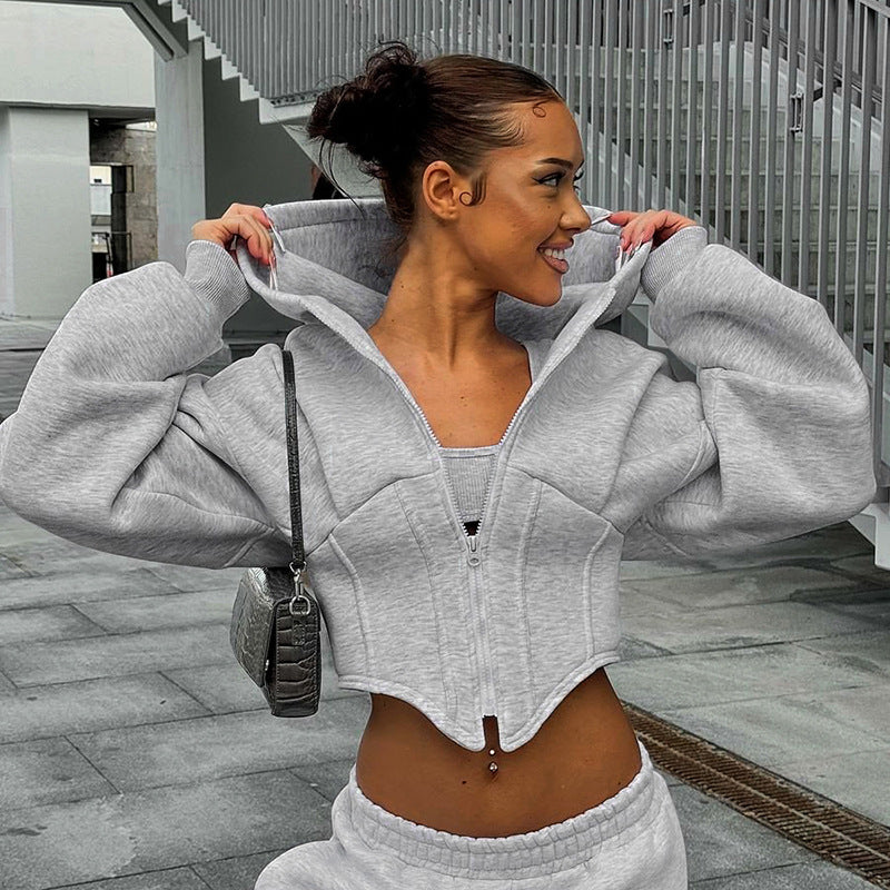 Women Fashion Autumn And Winter Casual Zipper Long Sleeve Hooded Cardigan Short Jacket