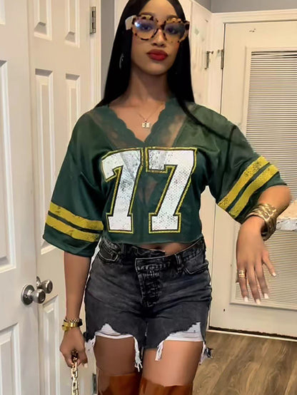 Camiseta informal holgada de encaje con estampado digital y manga corta con cuello en V para mujer