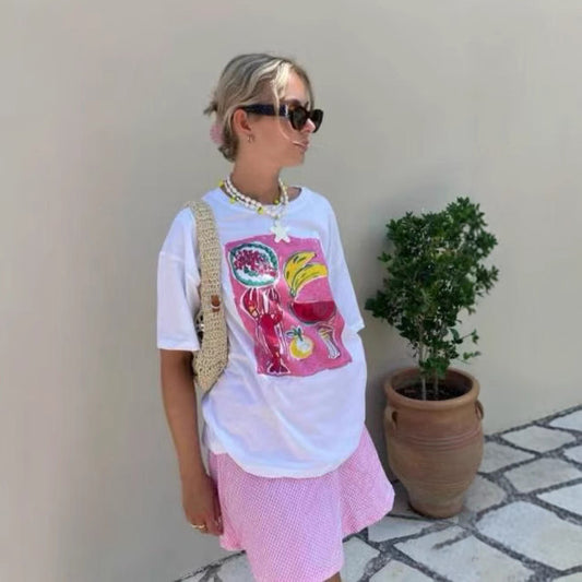 Camiseta informal de manga corta con cuello redondo y estampado de amor para mujer