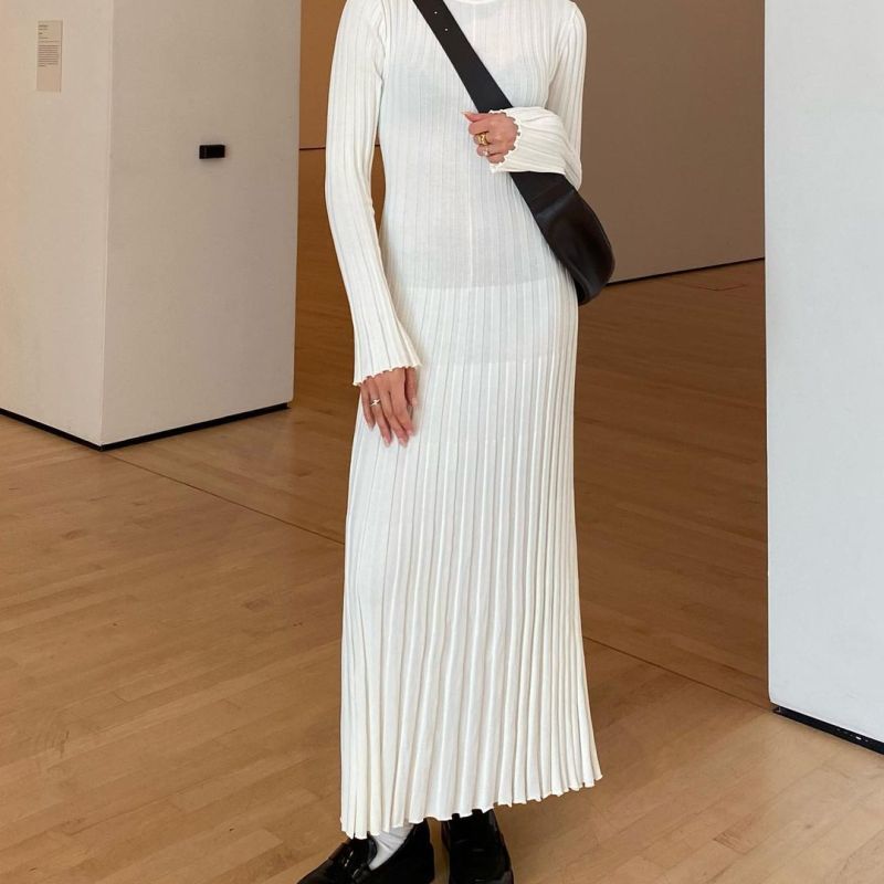 Autumn Winter Women Fashion Casual Crewneck Pit Strip Knitted Dress