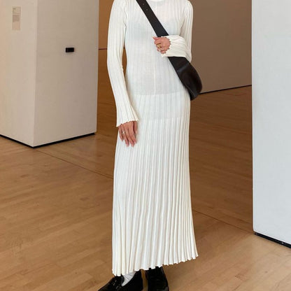 Autumn Winter Women Fashion Casual Crewneck Pit Strip Knitted Dress