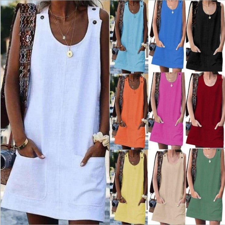 Summer Women Casual Solid Color Pocket Loose Dress