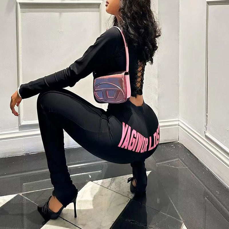 Conjunto de dos piezas de chaqueta y pantalones ajustados de punto con cremallera y manga larga para mujer