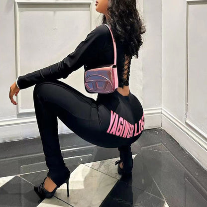 Conjunto de dos piezas de chaqueta y pantalones ajustados de punto con cremallera y manga larga para mujer