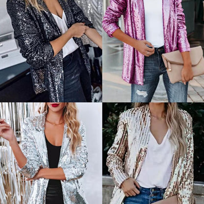 Blazer informal de manga larga con solapa y lentejuelas lisas para mujer