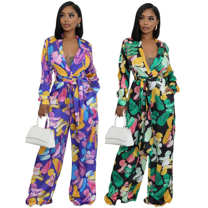 Women High Waist Elegant Casual Wide Leg Fashion Long Sleeve Floral Jumpsuits