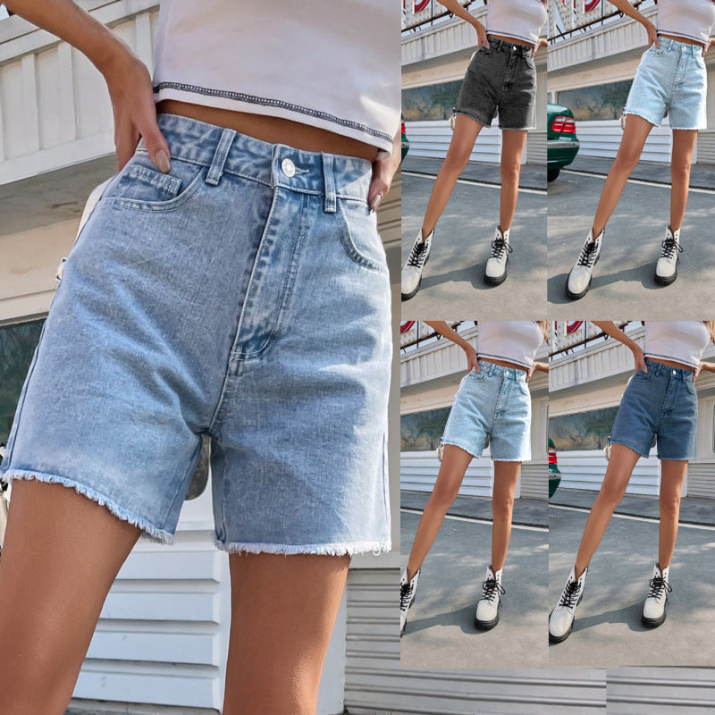 Fashion Casual Women Raw Hem Baisc Straight Denim Shorts
