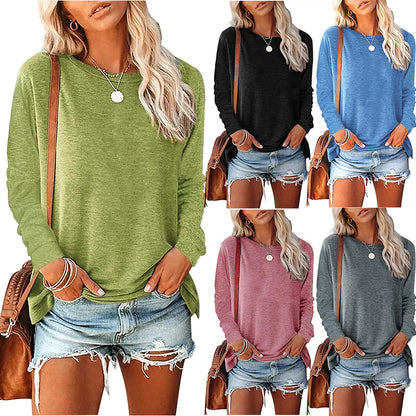 Camiseta informal holgada de manga larga con cuello redondo para mujer