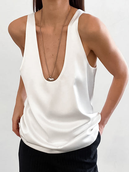 Camiseta sin mangas informal de color liso con cuello en U para mujer