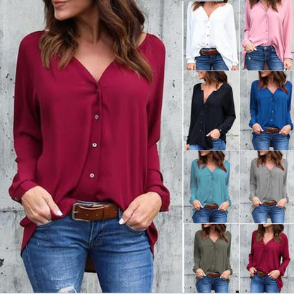 Blusa informal de gasa holgada con cuello en V y botones de manga larga para mujer