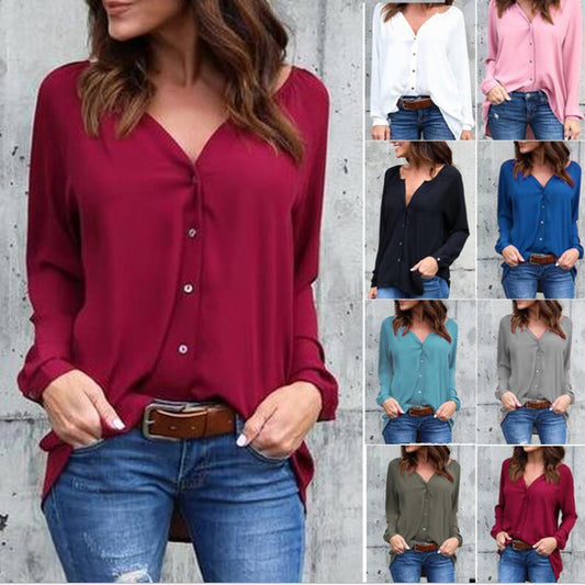 Blusa informal de gasa holgada con cuello en V y botones de manga larga para mujer
