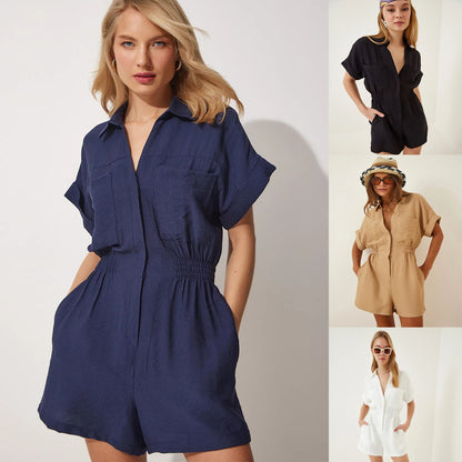 Overalls Casual Women Short-Sleeved Loose-Fit Cotton And Linen Casual Wide-Leg Rompers