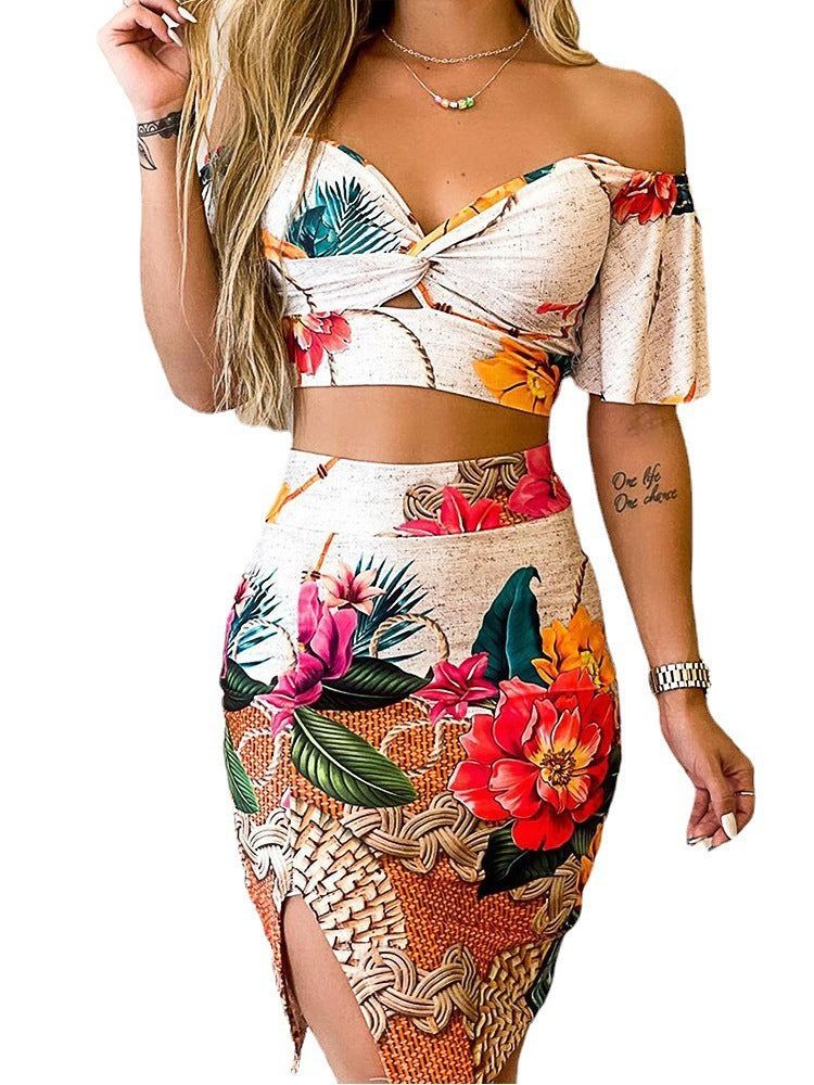 Conjunto de top corto de manga corta con hombros descubiertos y falda con abertura para mujer, estampado floral, informal, a la moda, para vacaciones