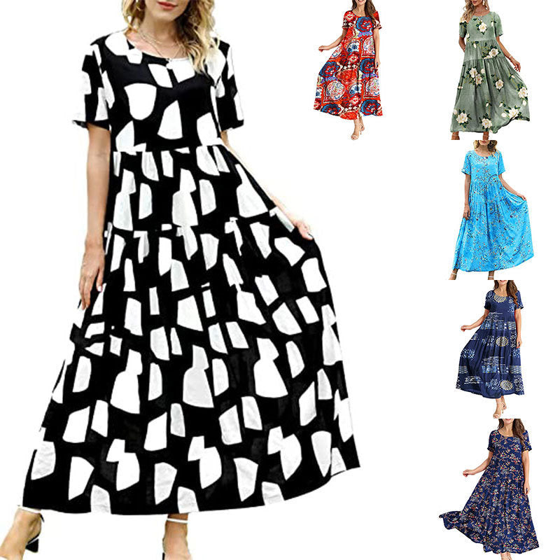 Vestido largo holgado informal de manga corta con cuello redondo y estampado geométrico para mujer