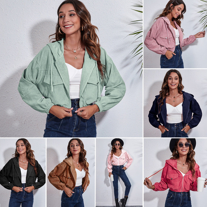Women Autumn Casual Hoodie Corduroy Loose Long-sleeved Solid Color Crop Shacket