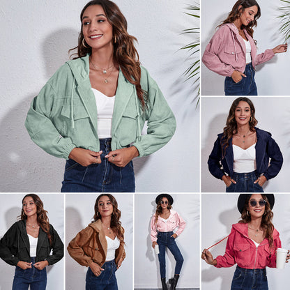 Women Autumn Casual Hoodie Corduroy Loose Long-sleeved Solid Color Crop Shacket