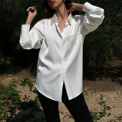 Blusa informal de manga larga con solapa de satén de color liso para mujer